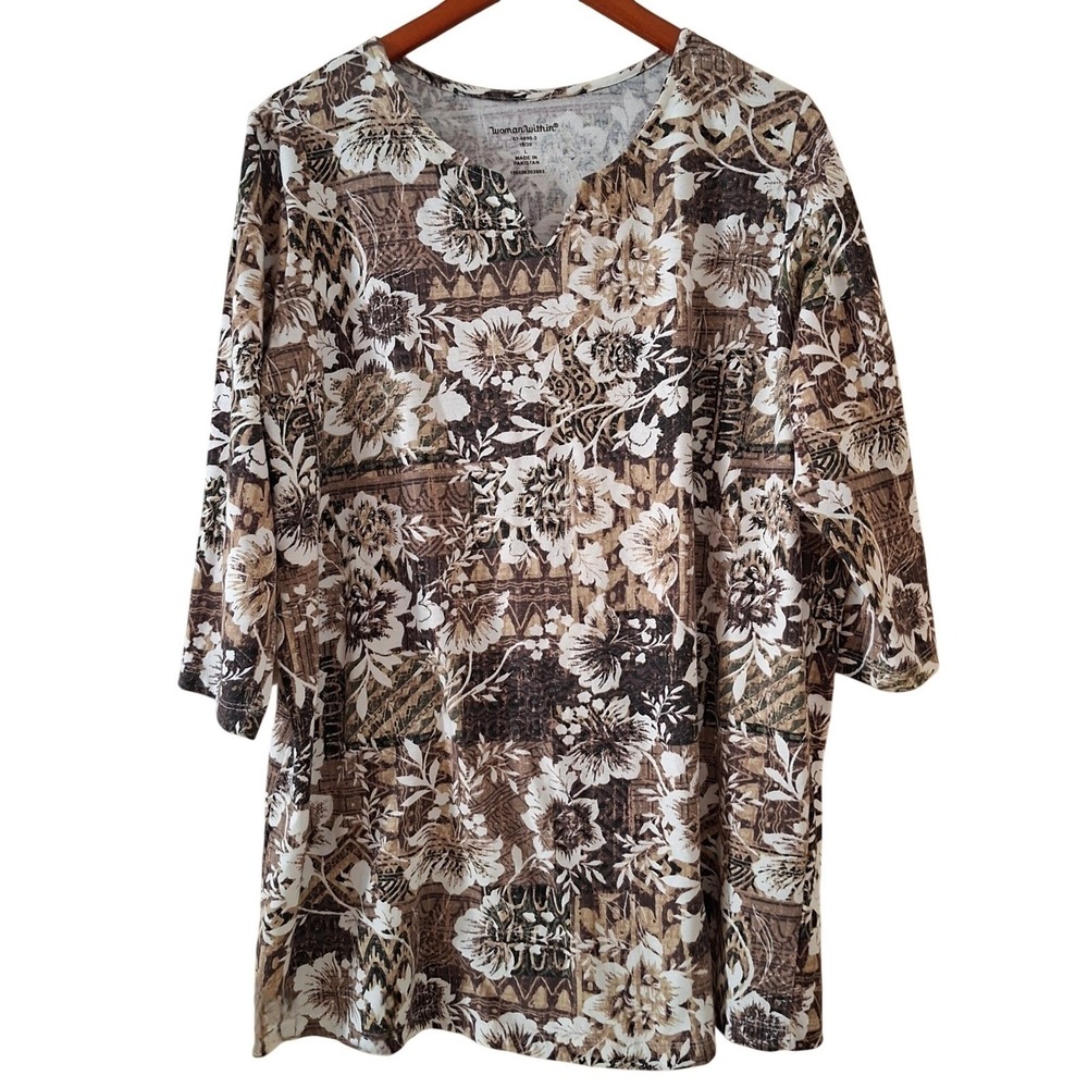 Woman Within Top Sweater Shirt L Brown White 3/4 Sleeve Excellent‎ V-Neck